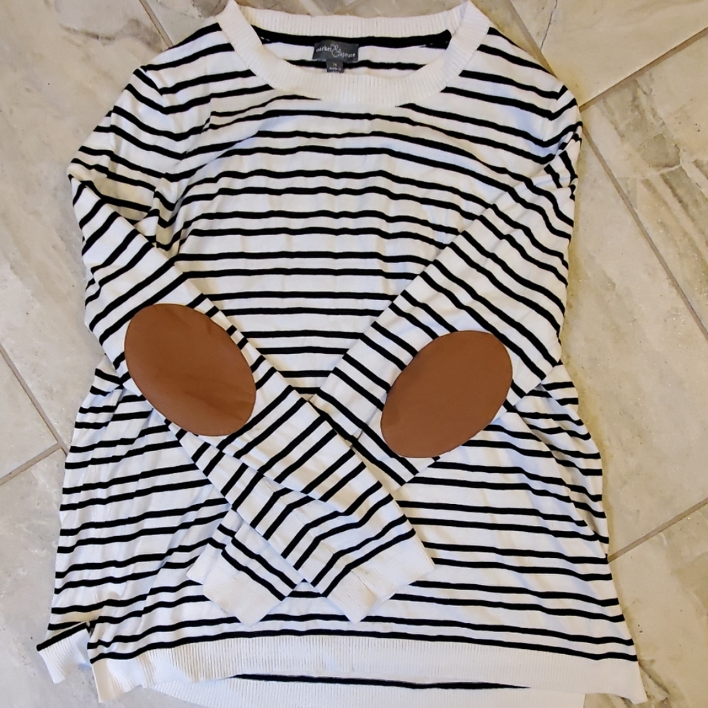Market & Spruce Striped Sweater with Brown Elbow Patches